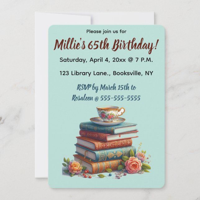 Invitación Rosas editables Libros Teacup Cumpleaños (Anverso)