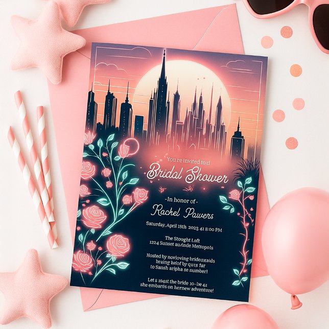 Invitación Rosas eléctricos Ducha nupcial futurista (Electric Roses Futuristic Neon Bridal Shower Invitation
)
