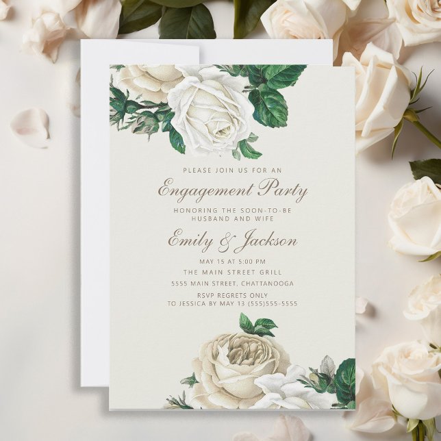 Invitación Rosas Elegantes Blancas Floral Crema Compromiso (Elegant vintage roses and greenery engagement party invitation)