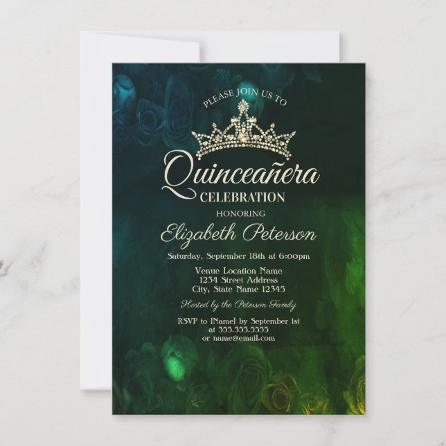 Invitación Rosas Elegantes Chic Gótic Quinceañera (Anverso)
