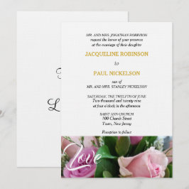 Invitación Rosas Elegantes de Color Rosa Claro Amor Oro Blanc