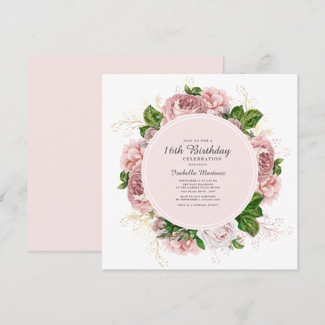 Invitación Rosas Elegantes de Cumpleaños 16 Rosado (Anverso / Reverso)