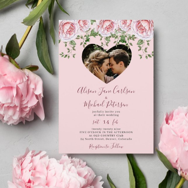 Invitación Rosas elegantes de foto boda de San Valentín rosa  (Subido por el creador)