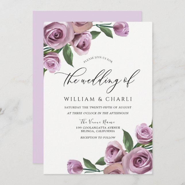 Invitación Rosas elegantes de lavanda púrpura para boda  (Anverso / Reverso)