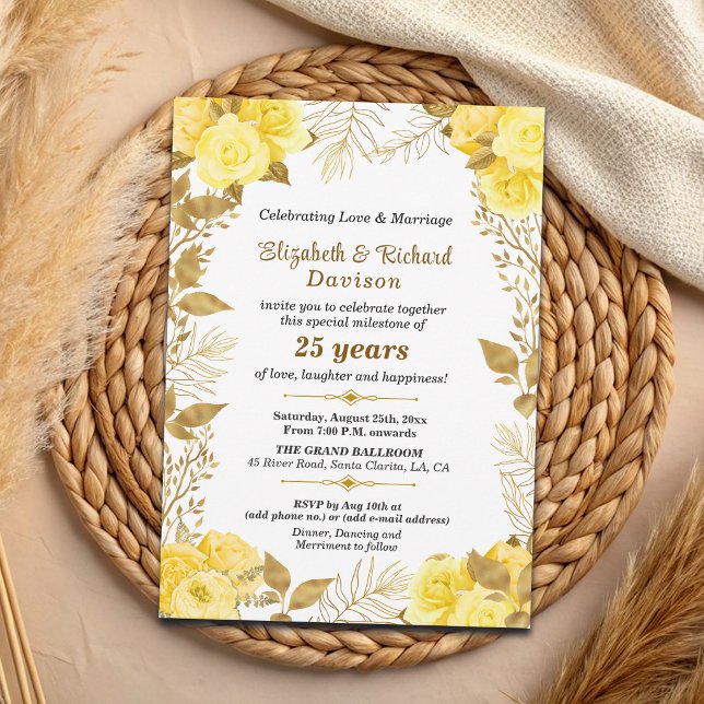 Invitación Rosas Elegantes de Oro Aniversario de Bodas 25 (Subido por el creador)