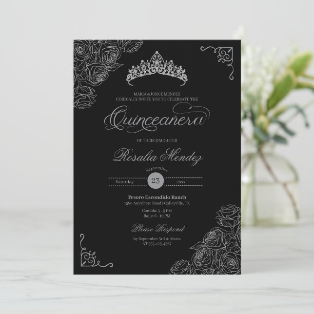 Invitación Rosas elegantes de Quinceañera (Anverso de pie)