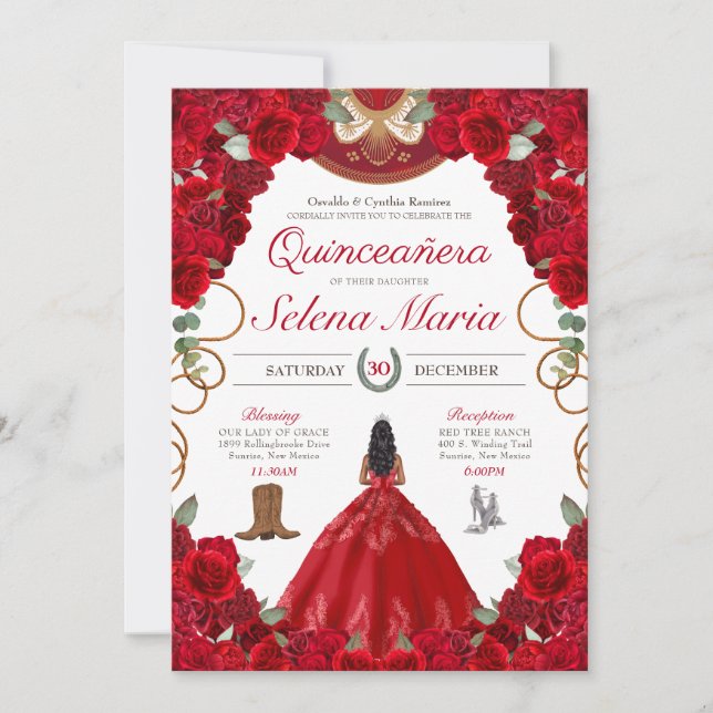 Invitación Rosas elegantes de Red Charro Quinceanera