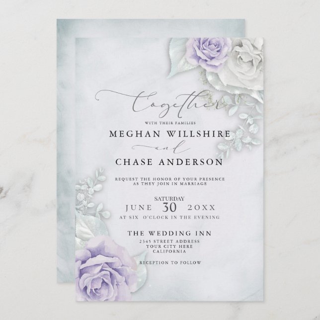 Invitación Rosas elegantes del Pastel Lilac (Anverso / Reverso)