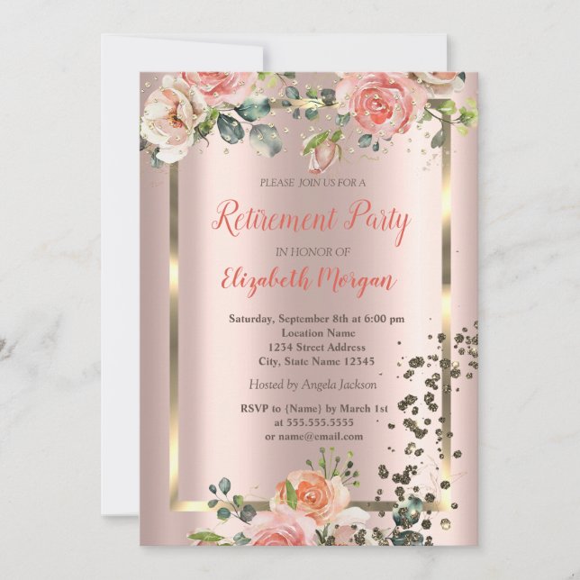 Invitación Rosas Elegantes Diamantes Confeti Jubilación (Anverso)