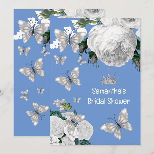Invitación Rosas elegantes en blanco y azul plateado ducha de (Anverso / Reverso)