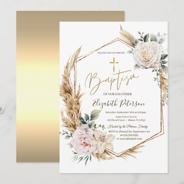Invitación Rosas Elegantes Grama de Pampas Bautizo  (Anverso / Reverso)