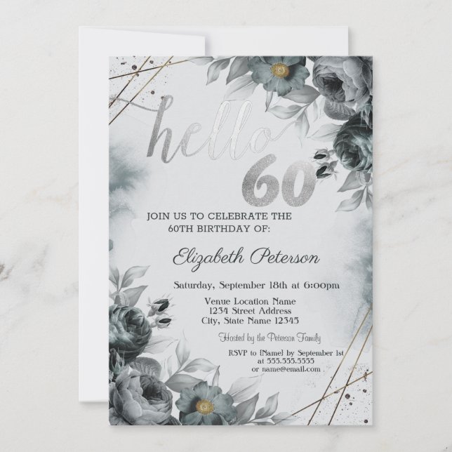 Invitación Rosas Elegantes Grises Cumpleaños 60 (Anverso)
