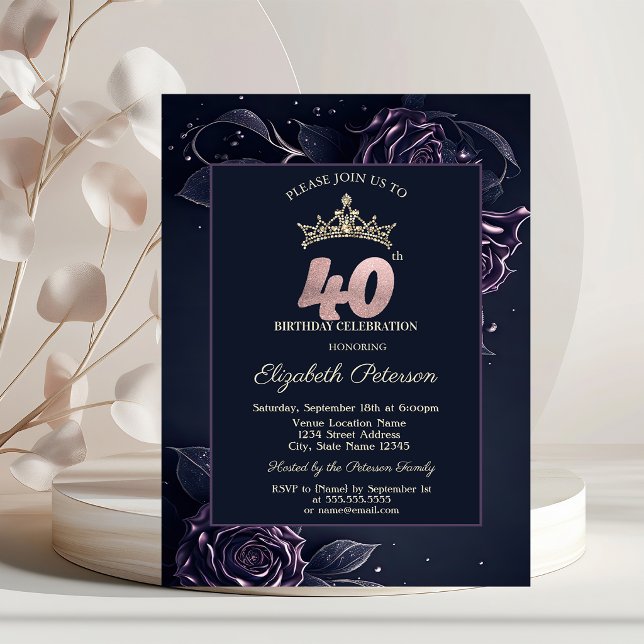 Invitación Rosas Elegantes Oscuras Cumpleaños 40 Dark Gothic (Subido por el creador)