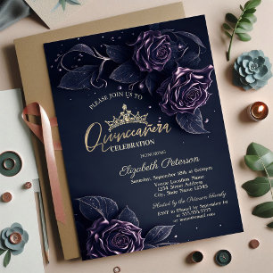 Invitación Rosas Elegantes Oscuras Quinceañera Gótica