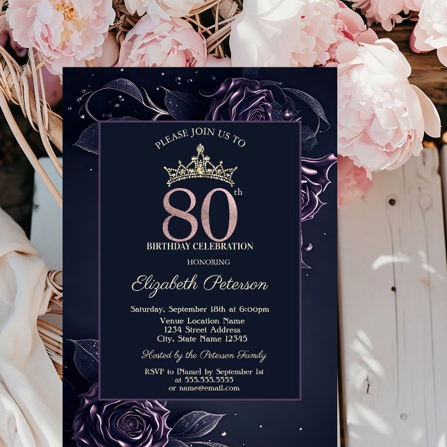 Invitación Rosas Elegantes Oscuro Gótico 80 Cumpleaños (Subido por el creador)