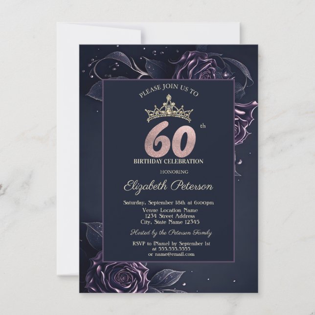 Invitación Rosas Elegantes Oscuro Gótico Cumpleaños 60 (Anverso)