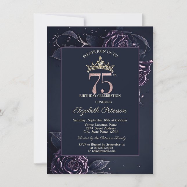 Invitación Rosas Elegantes Oscuro Gótico Cumpleaños 75 (Anverso)