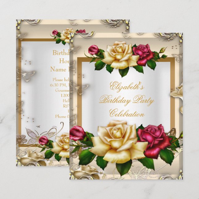 Invitación Rosas Elegantes para Fiesta de Cumpleaños Blancas  (Anverso / Reverso)