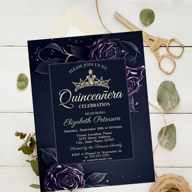 Invitación Rosas elegantes Quinceañera gótica oscura (Subido por el creador)