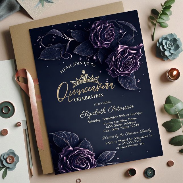 Invitación Rosas elegantes Quinceañera gótica oscura (Subido por el creador)