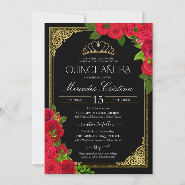Invitación Rosas Elegantes Red Black & Gold Quinceanera (Anverso)