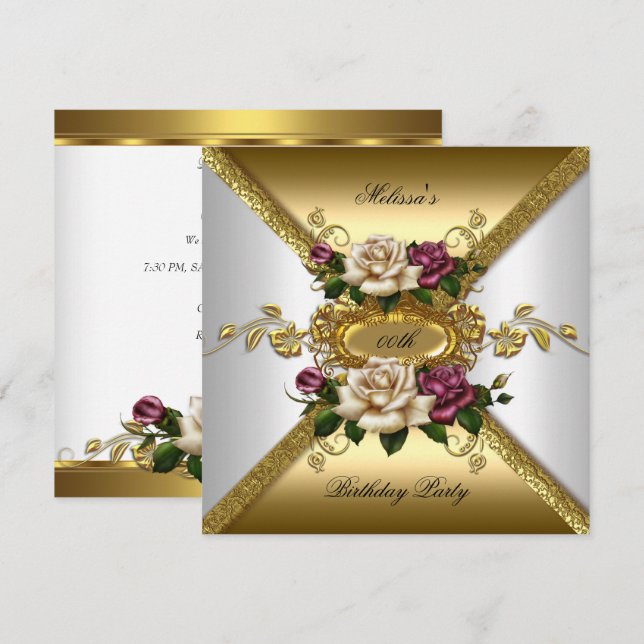 Invitación Rosas Elegantes Rosa Blanco Oro Cumpleaños Fiesta  (Anverso / Reverso)