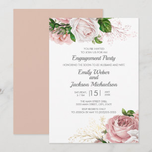 Invitación Rosas Elegantes Rosa Flor Blanca Fiesta de Comprom