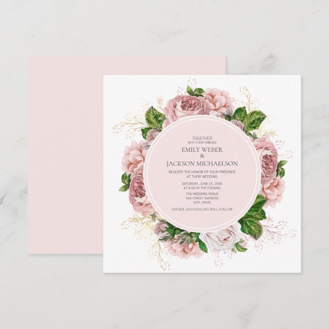 Invitación Rosas Elegantes Rosadas Flor Blanca Boda (Anverso / Reverso)