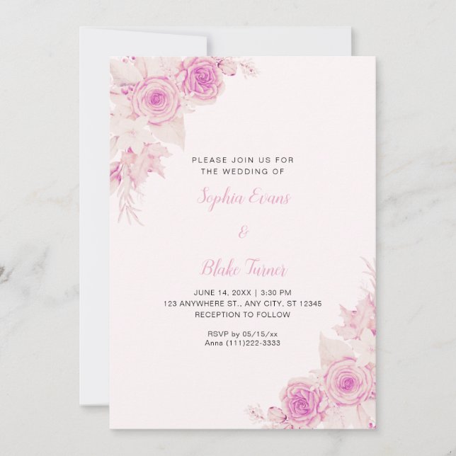 Invitación Rosas Elegantes Rústicas Rosa Claro Boda Otoño (Anverso)