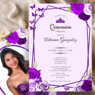 Invitación Rosas Elegantes y Corona Quinceañera Morada