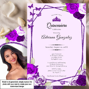 Invitación Rosas Elegantes y Corona Quinceañera Morada