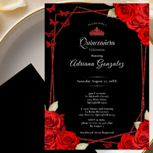Invitación Rosas Elegantes y Corona Roja Quinceañera