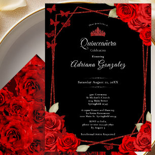 Invitación Rosas Elegantes y Corona Roja Quinceañera 