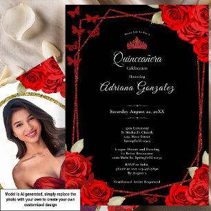 Invitación Rosas Elegantes y Corona Roja Quinceañera