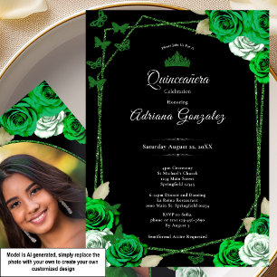 Invitación Rosas Elegantes y Corona Verde Quinceañera