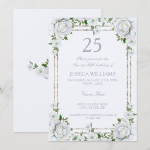 Invitación Rosas Elegantes y Cumpleaños 25 con Borde de Plata