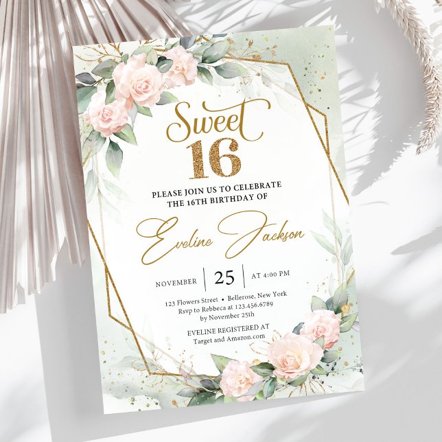 Invitación Rosas elegantes y purpurina de oro de eucalipto (Soft pastel pink roses greenery and gold frame sweet sixteen invitation template )
