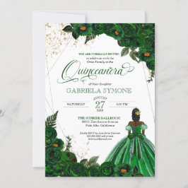 Invitación Rosas elegantes y verdes Afrolatina Quinceanera