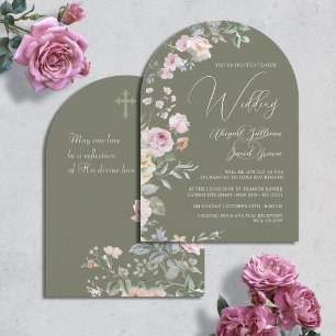 Invitación Rosas en Arco sobre Boda Católica Verde Oliva