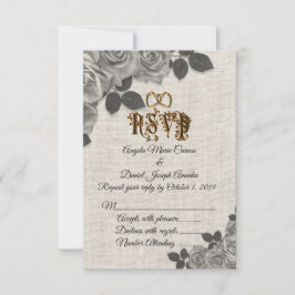 Invitación Rosas en blanco y negro sobre RSVP de boda de lino