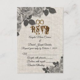 Invitación Rosas en blanco y negro sobre RSVP de boda de lino