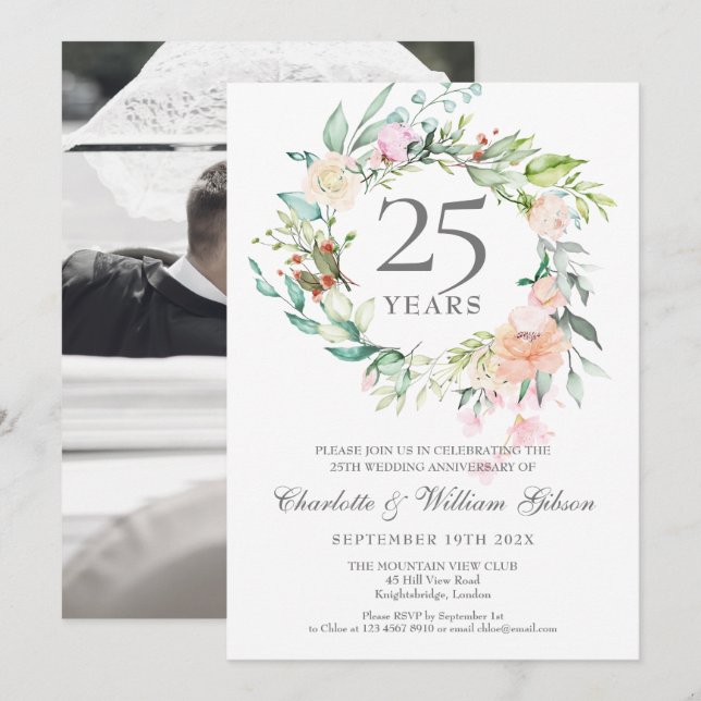 Invitación Rosas en guirnalda para foto de boda del 25 aniver (Anverso / Reverso)
