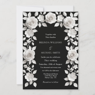 Invitación Rosas en relieve falso en blanco y negro para boda