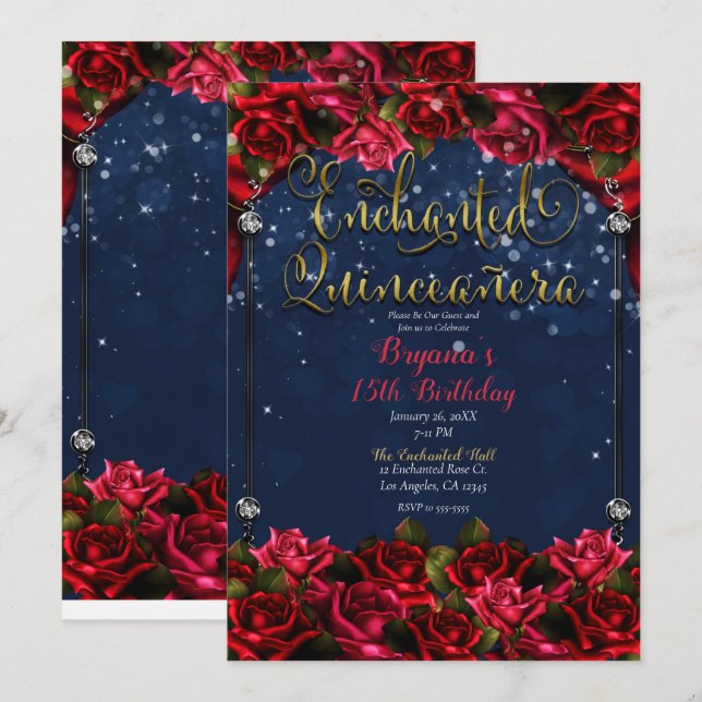 Invitación Rosas Encantadas Quinceañera Azul Marino y Dorado  (Anverso / Reverso)