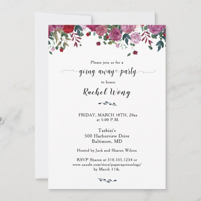 Invitación Rosas encantadores Floral mudándose lejos de la fo (Anverso)