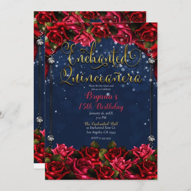 Invitación Rosas encantados Navy Blue & Gold Quinceañera 15 (Anverso / Reverso)