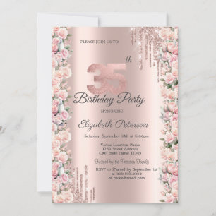 Invitación Rosas enmarcan gotas Rosa Dorado Cumpleaños 35