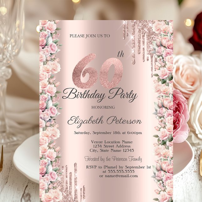 Invitación Rosas enmarcan gotas Rosa Dorado Cumpleaños 60 (Subido por el creador)