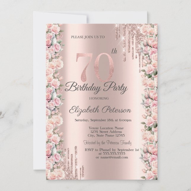 Invitación Rosas enmarcan gotas Rosa Dorado Cumpleaños 70 (Anverso)