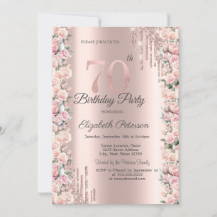 Invitación Rosas enmarcan gotas Rosa Dorado Cumpleaños 70